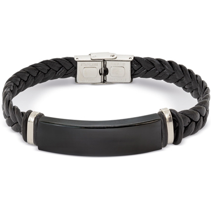 Bracelet simili cuir noir et acier