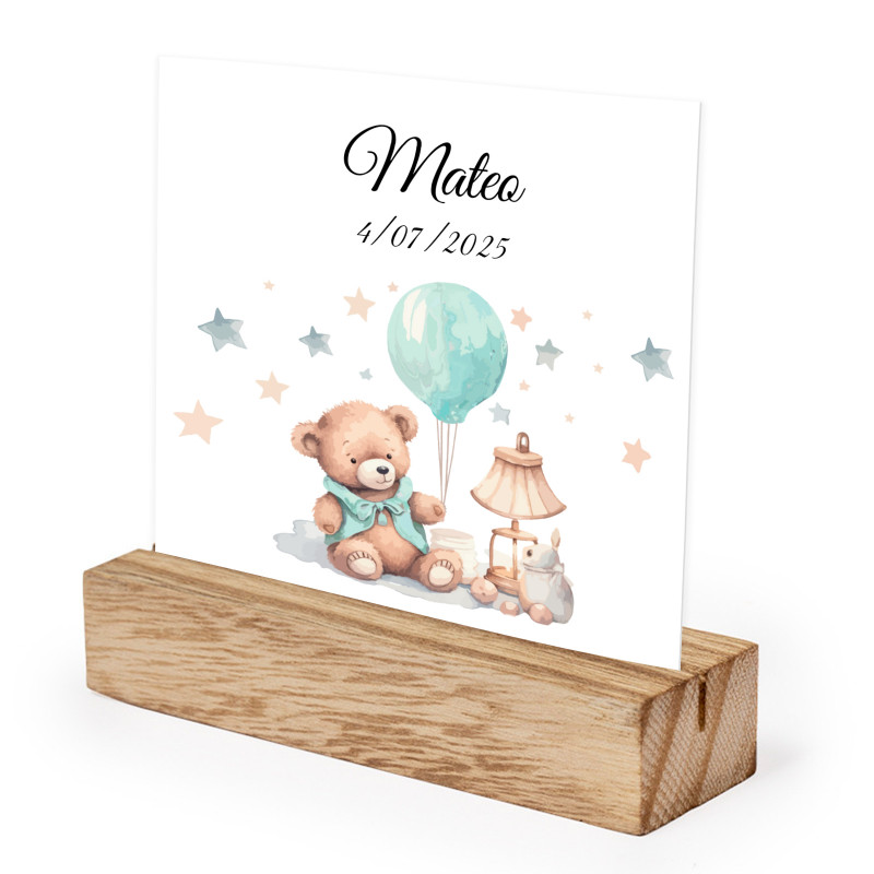 Support en bois avec carte personnalisée pour décoration de table de baptême