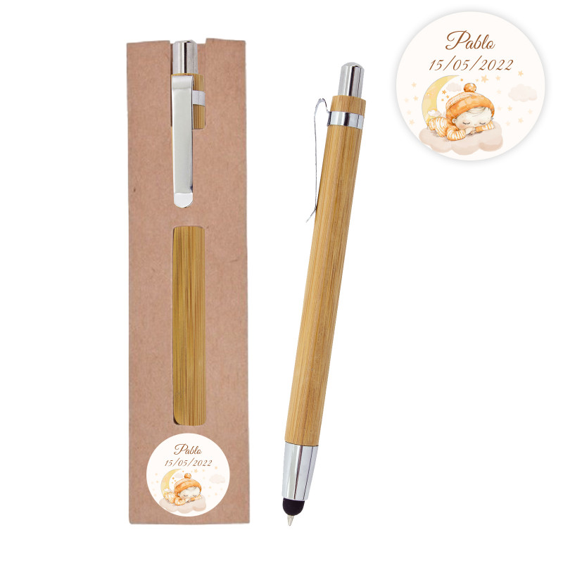 Stylo en bambou avec stylet tactile dans étui carton personnalisé avec adhésif pour baptême