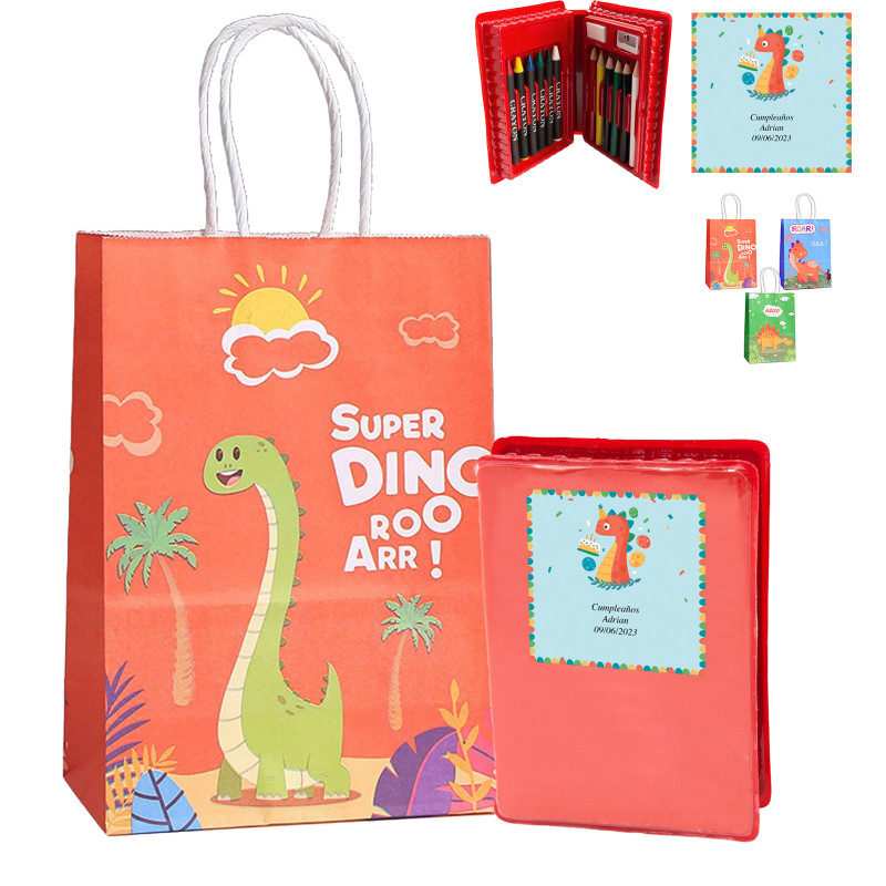 Mallette avec matériel de dessin avec autocollant dinosaure personnalisé et pochette imprimée assortie