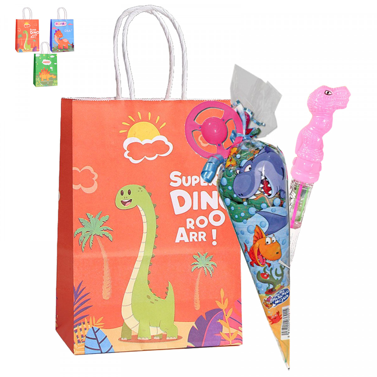 Pompon dinosaure et pochette assortie avec bonbons à offrir en cadeau