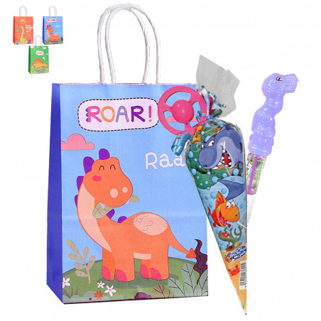 Pompon dinosaure et pochette assortie avec bonbons à offrir en cadeau