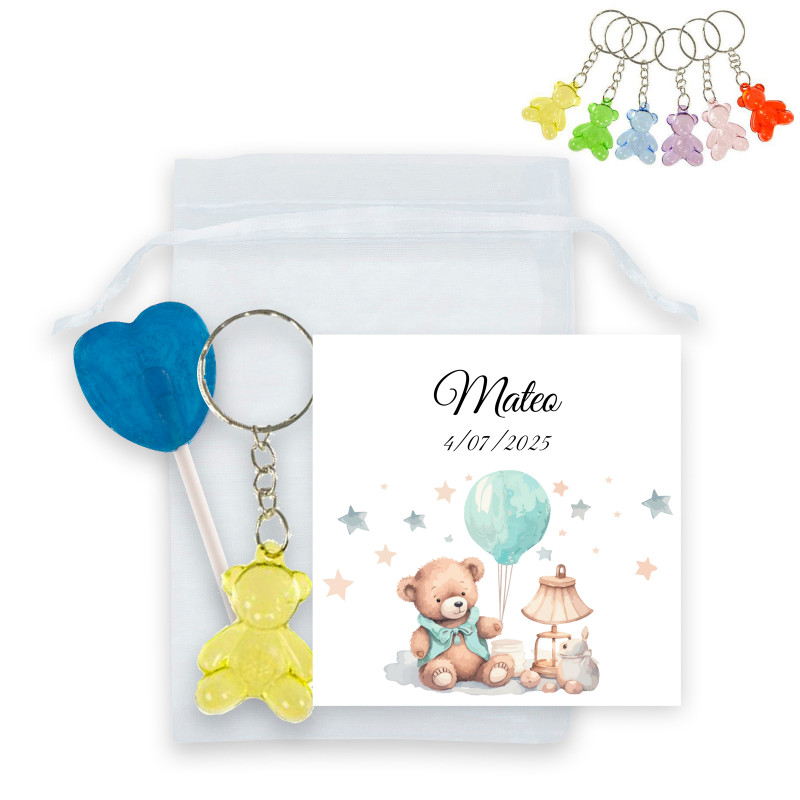 Porte clés ours en peluche avec carte de baptême personnalisée et sucette dans sachet organza