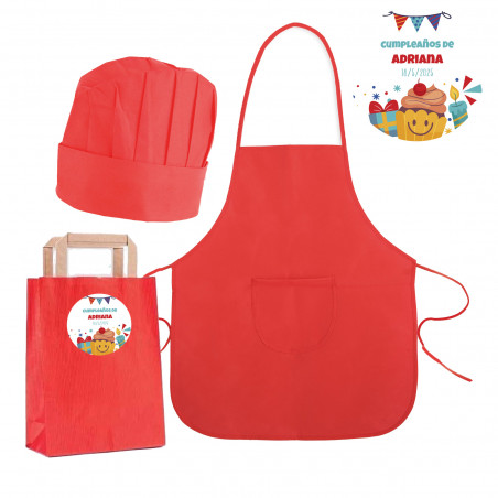 Tablier de cuisine rouge pour enfants et chapeau dans un sac en papier assorti avec autocollant personnalisé pour anniversaire