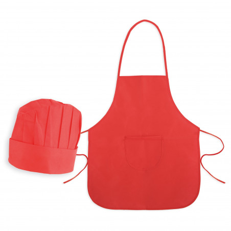 Tablier de cuisine rouge pour enfants et chapeau dans un sac en papier assorti avec autocollant personnalisé pour anniversaire