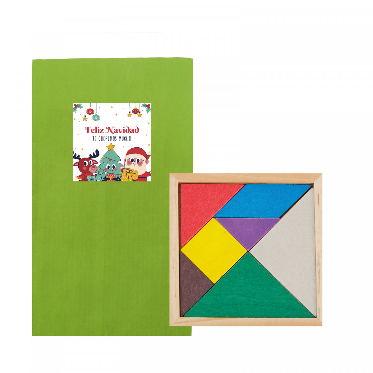 Tangram en bois avec enveloppe kraft verte pour noël