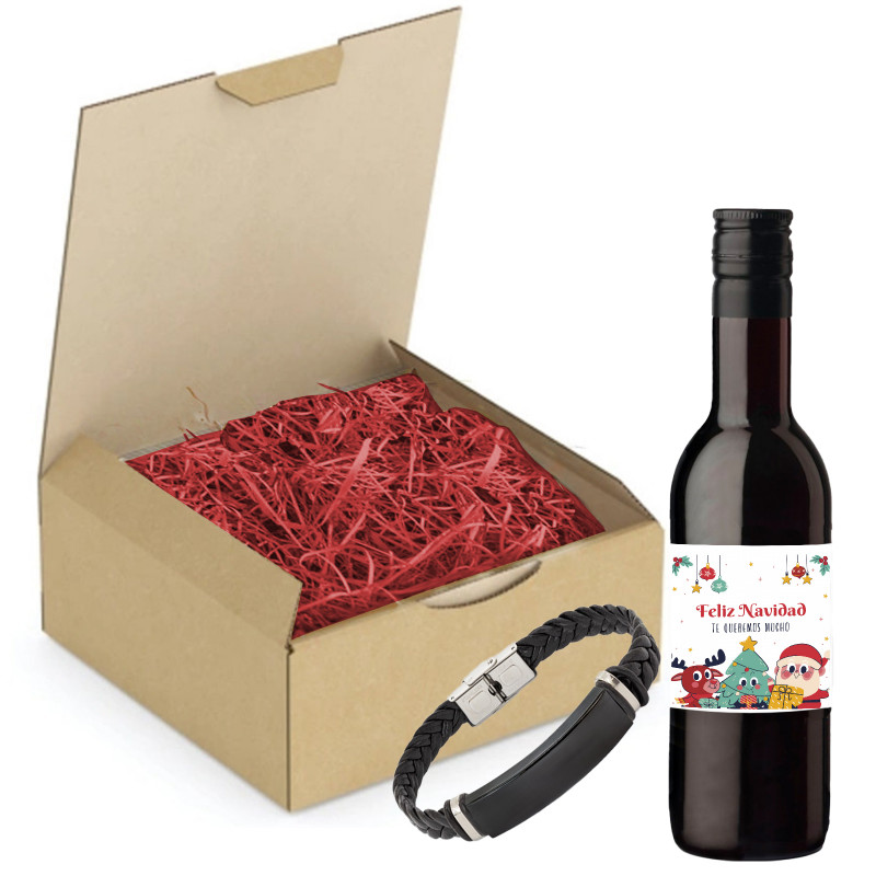 Vin rouge avec autocollant de noël personnalisé et bracelet en acier présenté dans un coffret pour plus de détails