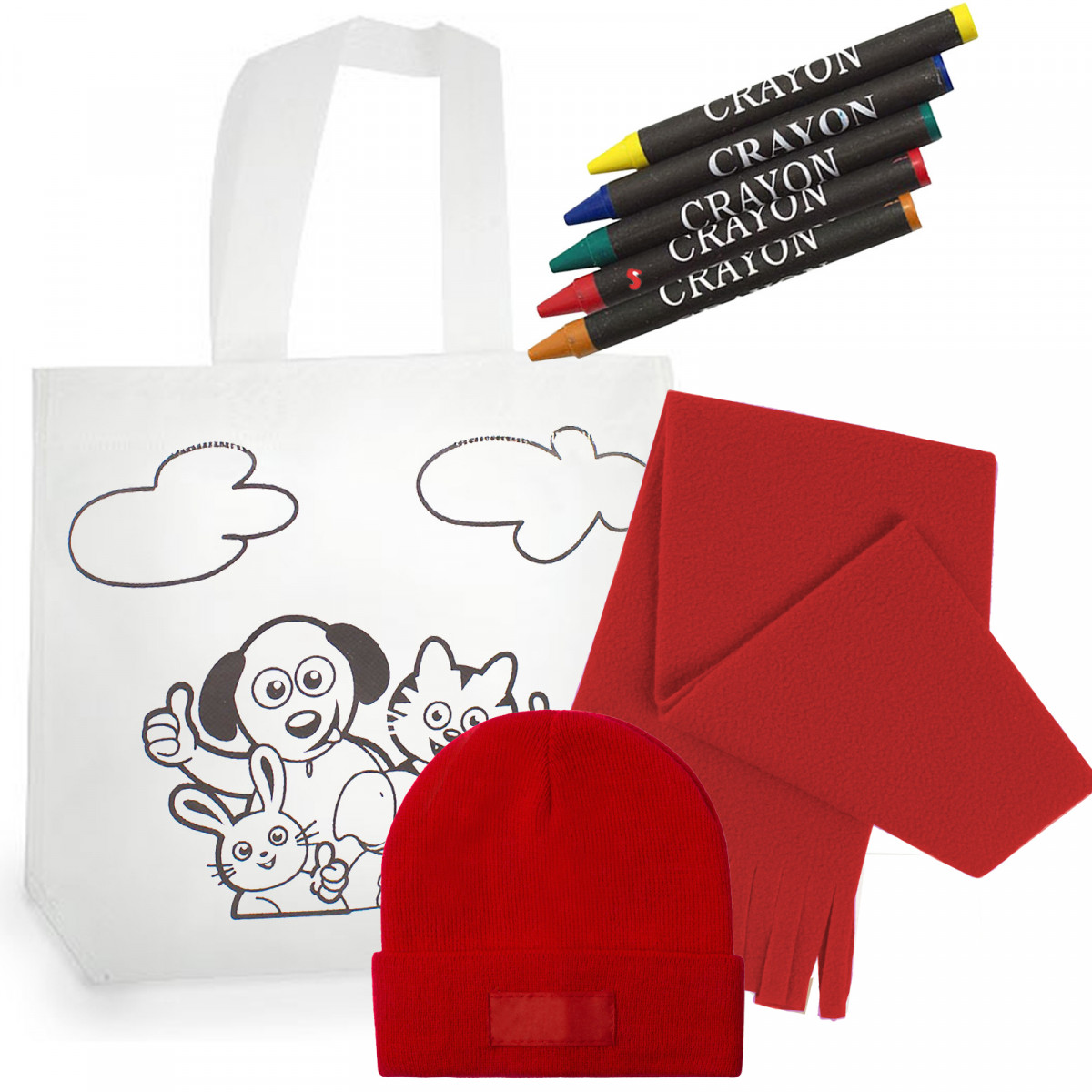 Bonnet et écharpe rouge pour enfant avec sac à peinture à offrir en cadeau