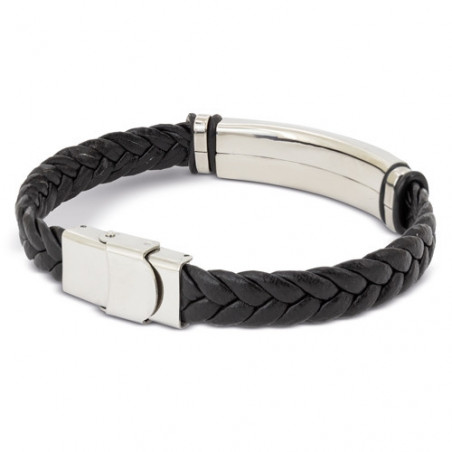 Bracelet en acier pour homme présenté dans une boîte en carton argenté avec autocollant personnalisé pour événements