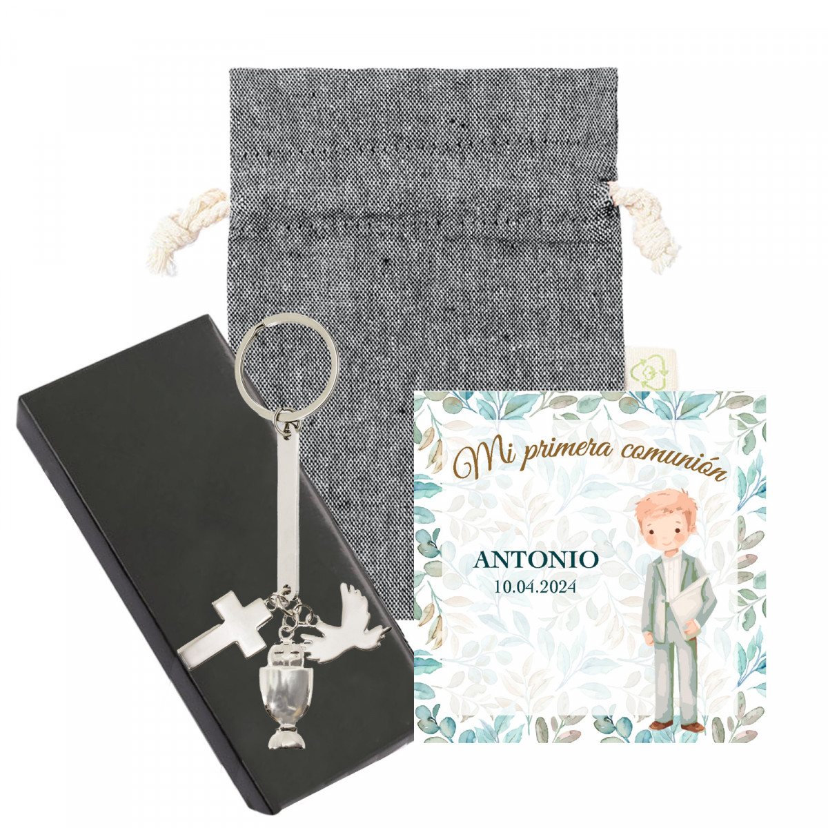 Porte clés en argent avec breloque de communion dans un étui de présentation et pochette en coton noir et carte pour communion