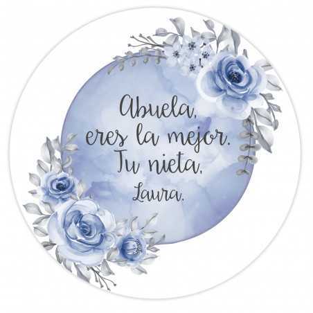 Stickers éditables de 5 cm à personnaliser avec un fond bleu lune et fleurs pour des événements