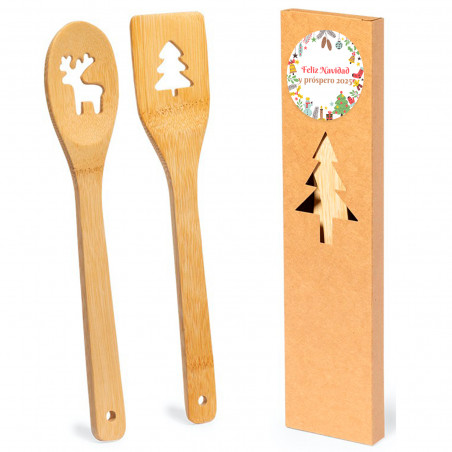 Cuillère et spatule en bambou avec décorations de noël présentées dans une boîte de noël avec autocollant personnalisable pour