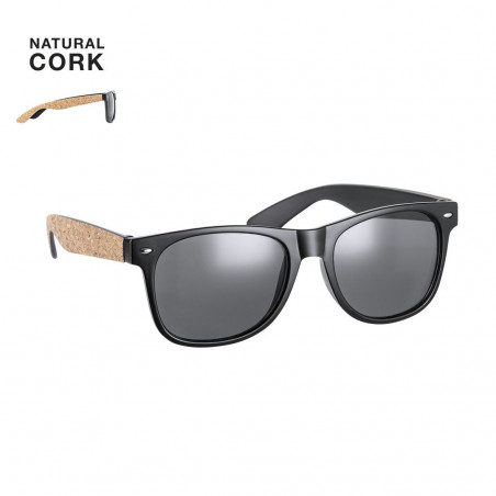 Lunettes de soleil noires avec branches en liège dans un étui assorti personnalisées avec autocollant pour mariages et