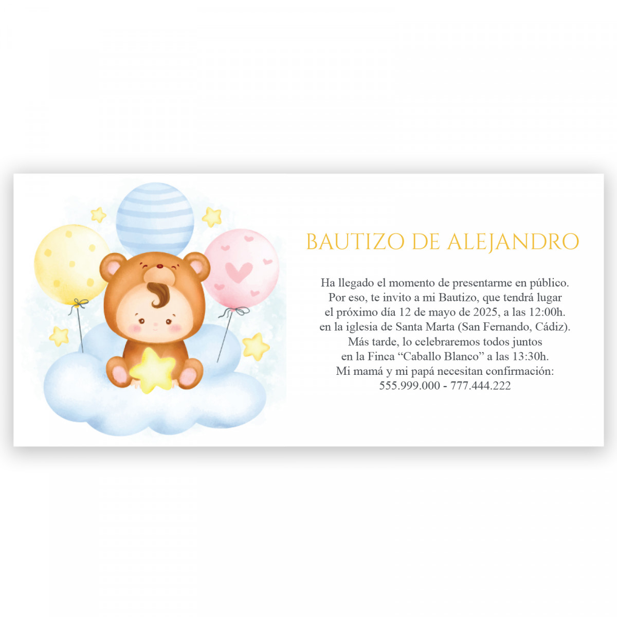 Invitation pour baptême de bébé en nuage avec ballons avec enveloppe blanche