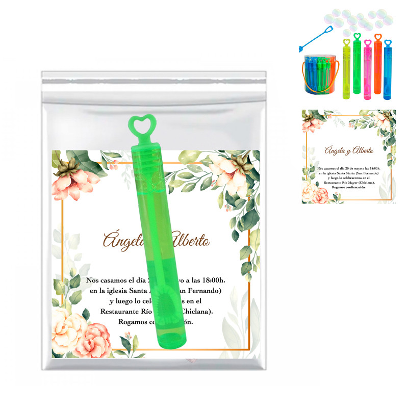 Mini pomper avec bouchon coeur avec carte personnalisable dans un sachet transparent pour Mariages et Événements