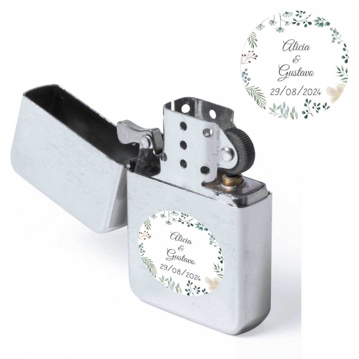 Briquet rechargeable argenté avec autocollant personnalisable pour mariages et événements