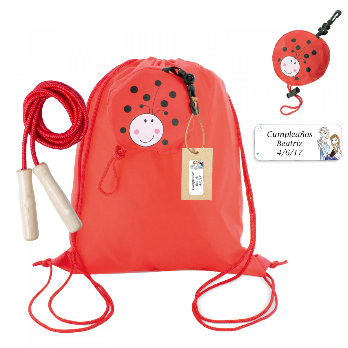 Sac à dos pliable coccinelle avec corde assortie personnalisé avec étiquette congelée