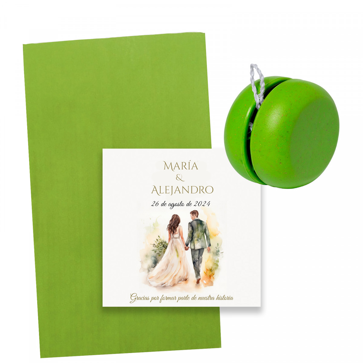 Yo yo de canne de blé vert dans enveloppe assortie avec carte de mariage personnalisable