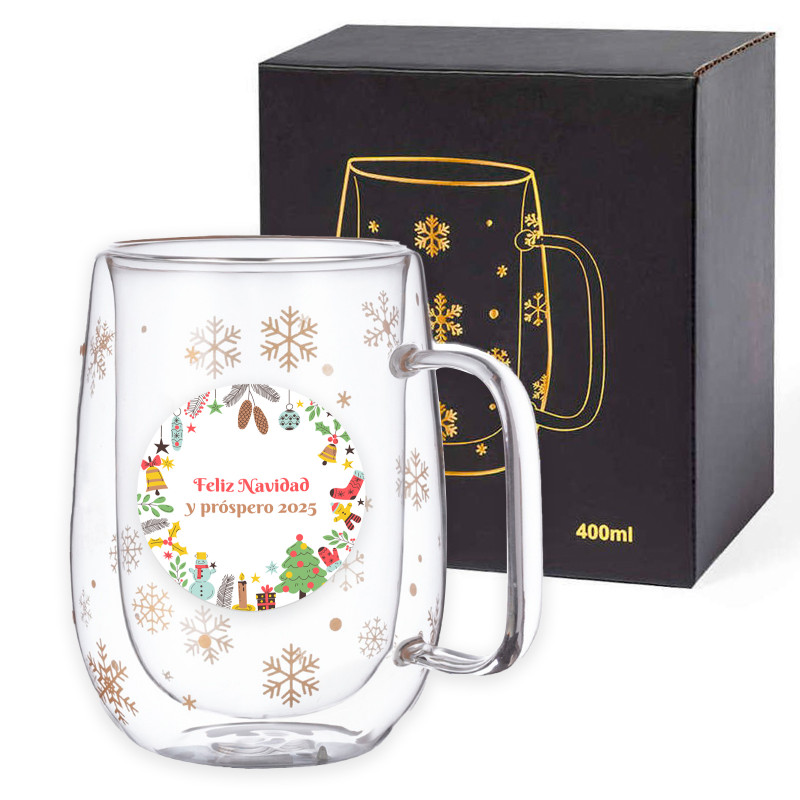 Mug thermique de noël en verre avec autocollant décoratif personnalisable à offrir en cadeau