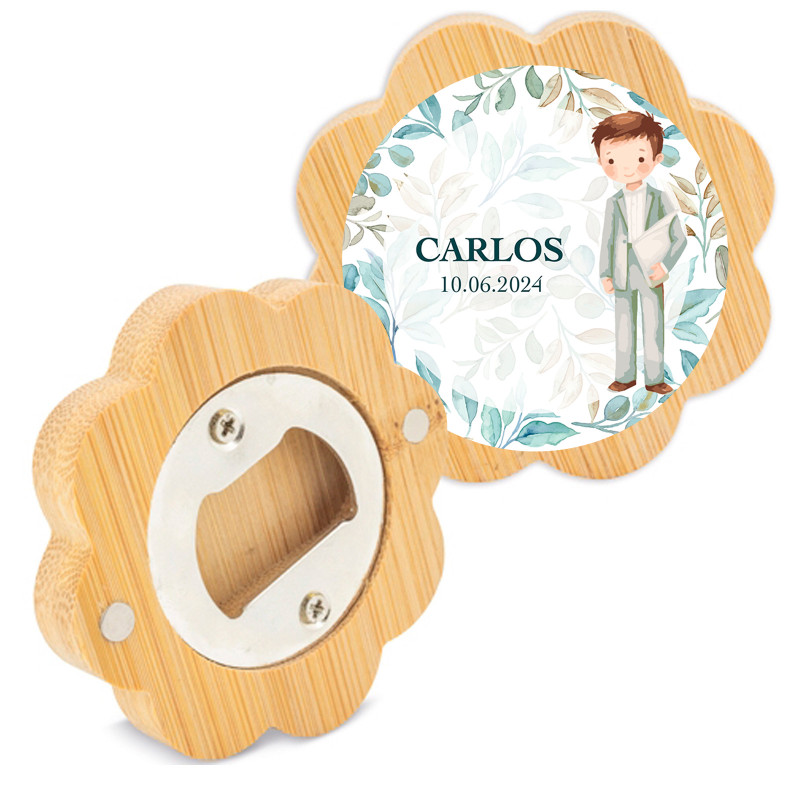 Ouvre bambou en forme de fleur et autocollant communion enfant pour détails