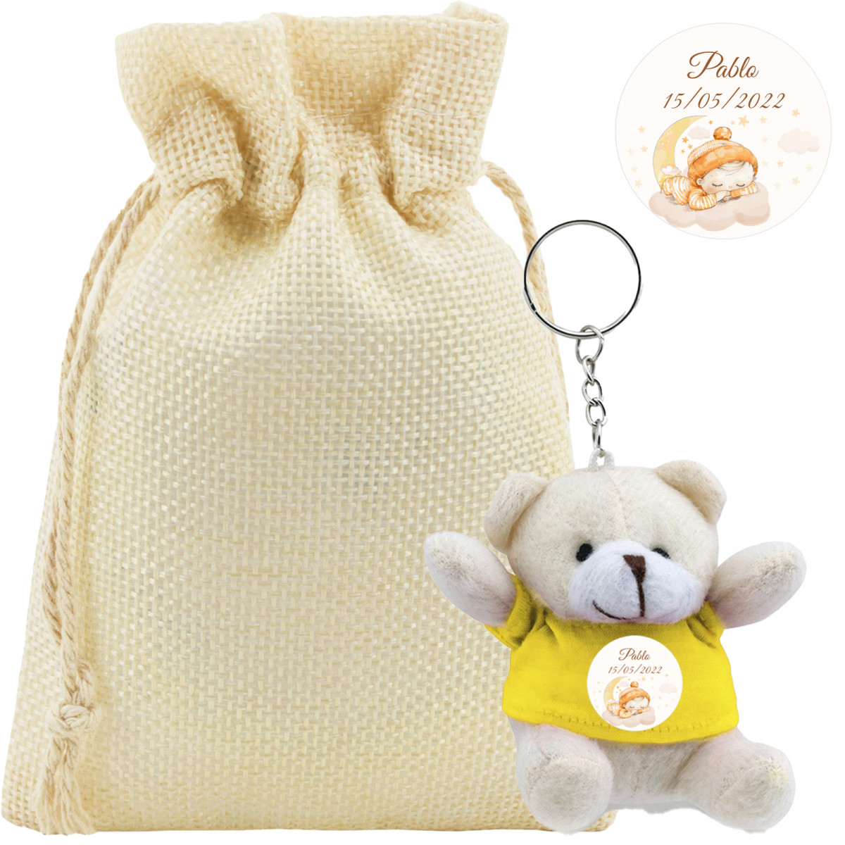 Porte clés peluche personnalisé sous pochette en tissu pour baptêmes