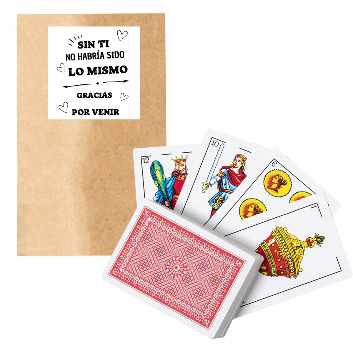 Jeu de cartes espagnol avec enveloppe et autocollant de remerciement à offrir en cadeau