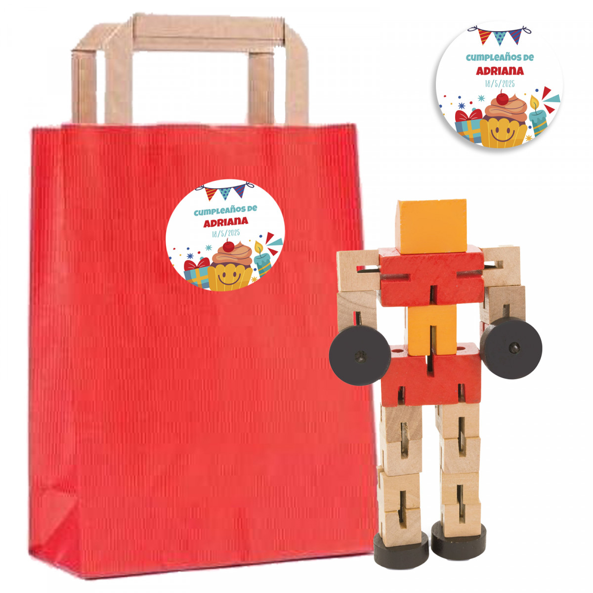 Jeu d'adresse transformateur en bois dans un sac kraft rouge et autocollant pour anniversaire