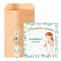 Porte clés ange gardien avec carte de remerciement personnalisée dans enveloppe kraft pour détails de communion