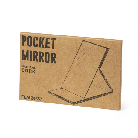 Miroir pliant en liège dans un sachet kraft personnalisé avec autocollant rond transparent