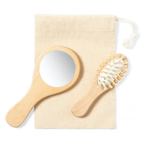 Miroir à main et brosse en bois dans un sac en coton avec carte personnalisée pour mariages et événements