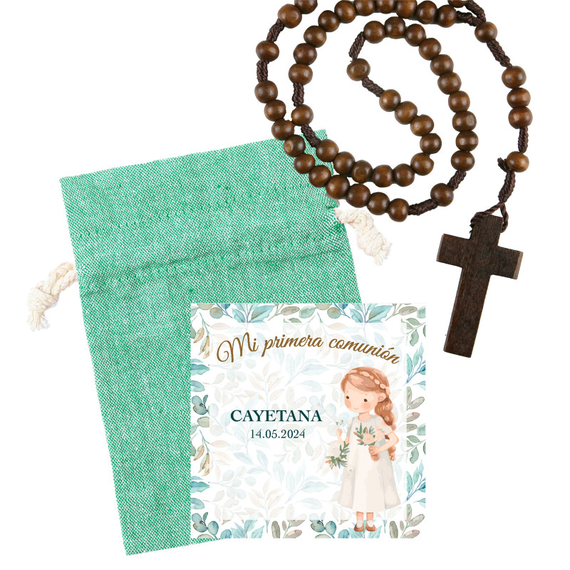 Chapelet en bois dans un sac en tissu vert avec carte de rappel de communion pour fille