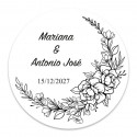 Cadre fleurs noir et blanc adhésif rond 3cm personnalisable pour mariages et événements