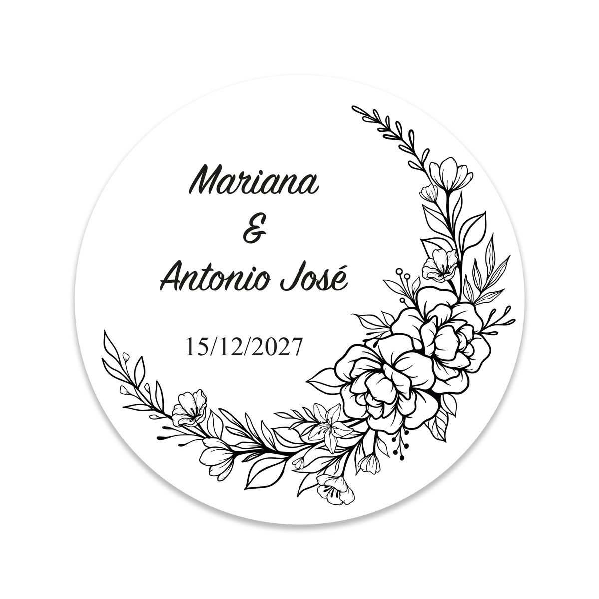 Cadre fleurs noir et blanc adhésif rond 3cm personnalisable pour mariages et événements