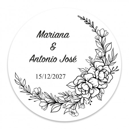 Cadre fleurs noir et blanc adhésif rond 3cm personnalisable pour mariages et événements