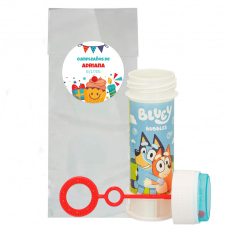 Bluey pompero dans un sac avec un joli autocollant d anniversaire personnalisable pour plus de détails