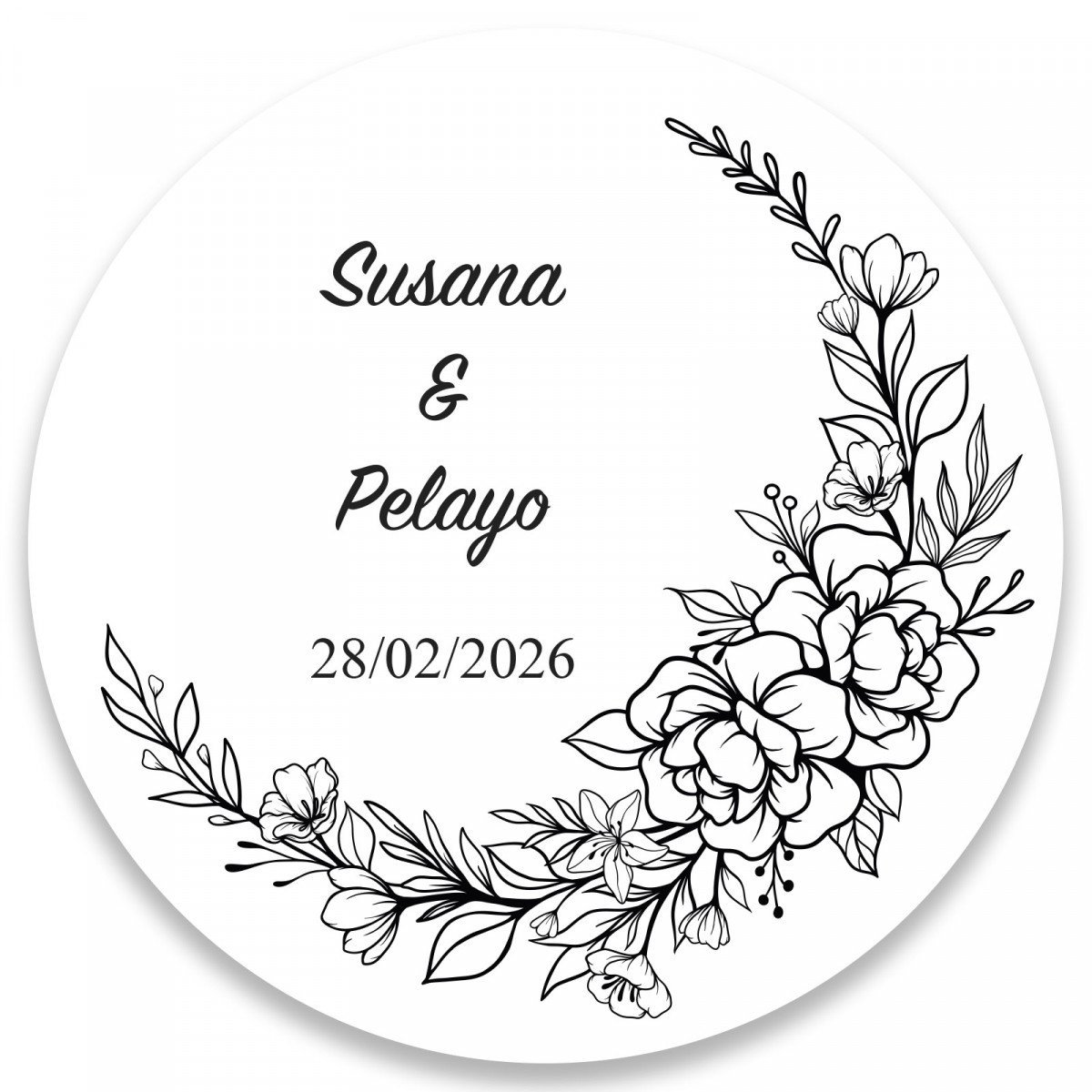 Cadre fleurs noir et blanc personnalisable rond adhésif 5cm pour mariages et événements