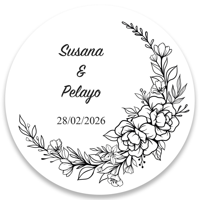 Cadre fleurs noir et blanc personnalisable rond adhésif 5cm pour mariages et événements