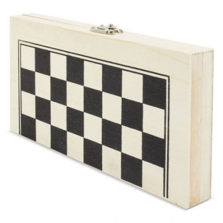 échecs pliants en bois dans un sac en tissu noir avec autocollant de communion