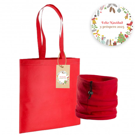 Culotte polaire rouge dans un sac assorti à longue poignée avec étiquette personnalisée et autocollant de Noël