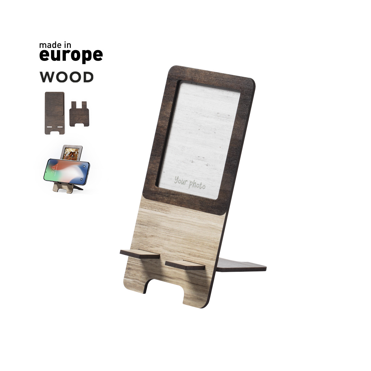 Support téléphone portable et cadre photo en bois bicolore à offrir en cadeau