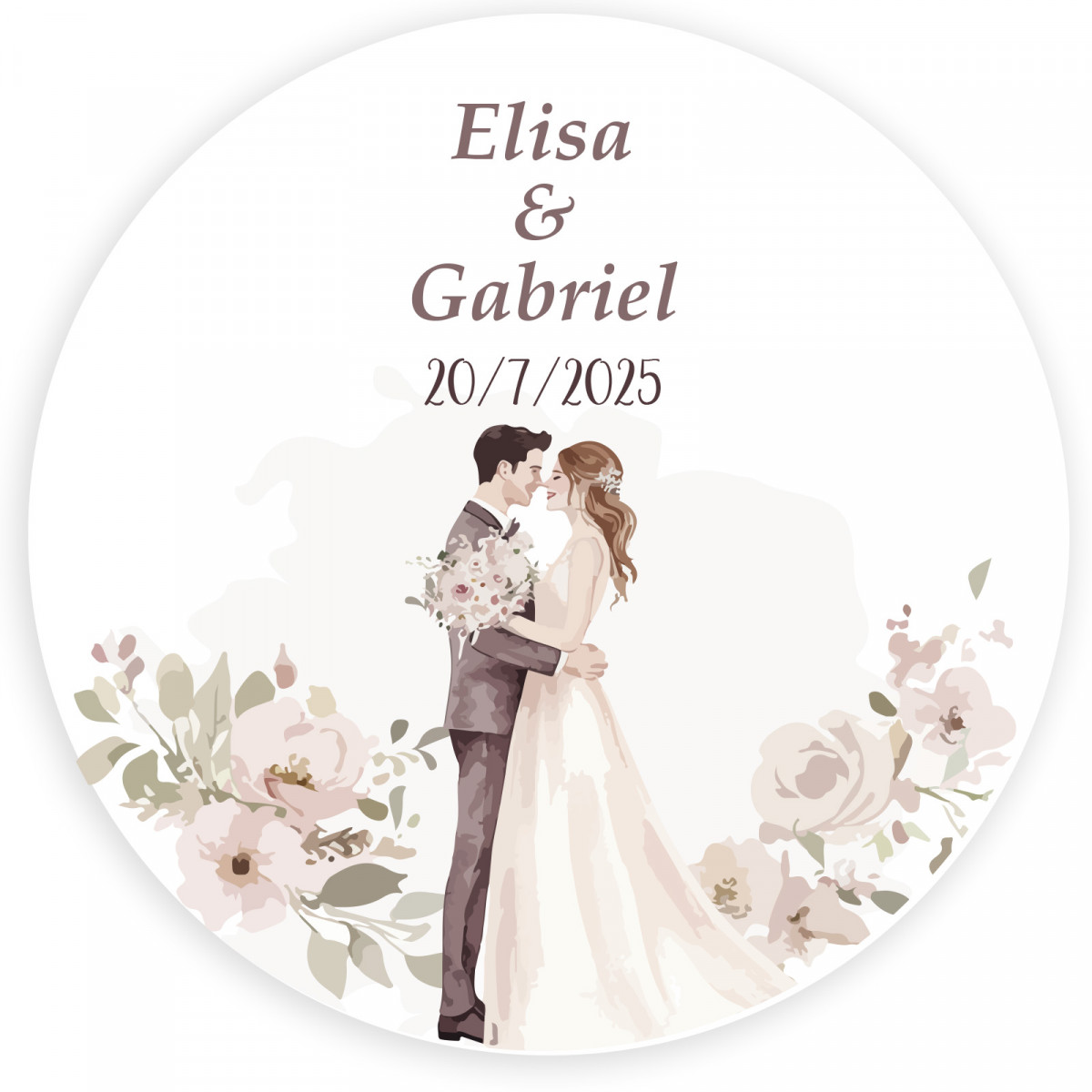 Sticker personnalisé 5cm mariés s embrassant entourés de fleurs pour mariage