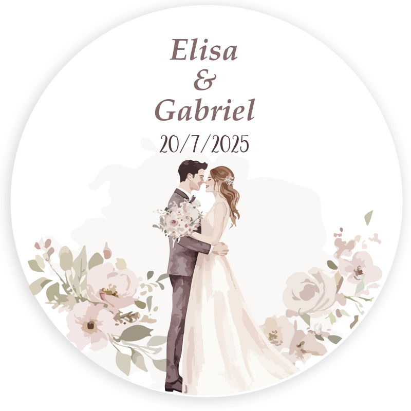 Sticker personnalisé 5cm mariés s embrassant entourés de fleurs pour mariage