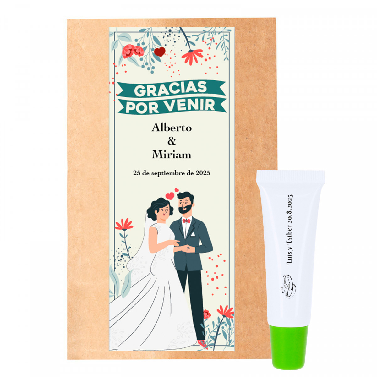 Gloss à lèvres personnalisé dans enveloppe kraft avec autocollant mariage vertical personnalisable