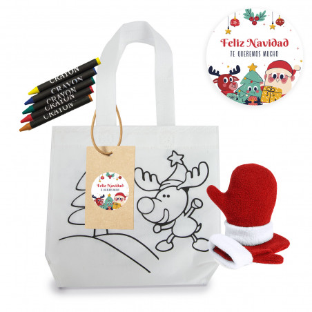 Sac à peindre de noël avec crayons de couleur et mitaines pour enfants personnalisé avec autocollant noël et père noël