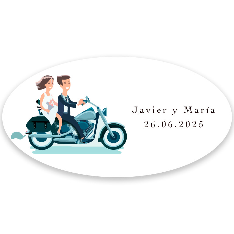 Sticker ovale 4 2x2 2cm mariés sur moto personnalisable