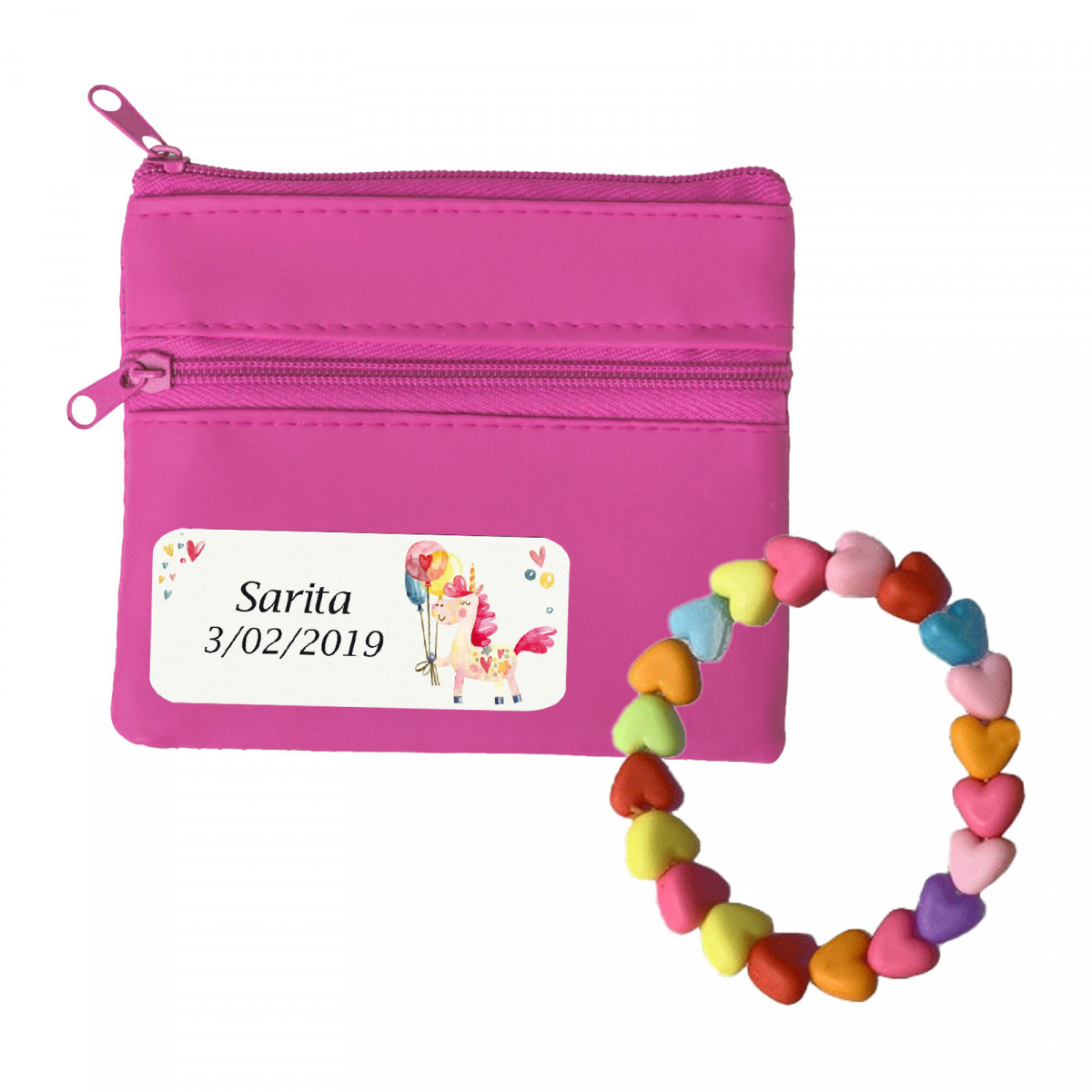 Bracelet enfant et porte monnaie fuchsia personnalisé avec autocollant licorne pour anniversaire