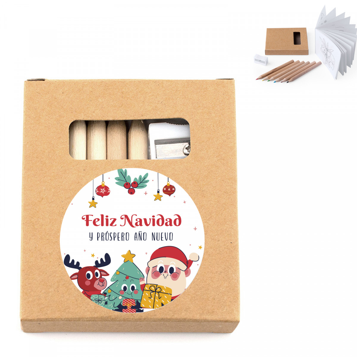 Crayons de couleur avec feuilles à peindre dans une boîte en carton avec adhésif de noël