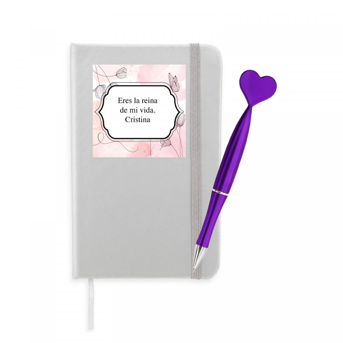 Bloc-notes argenté avec autocollant personnalisé et stylo coeur violet