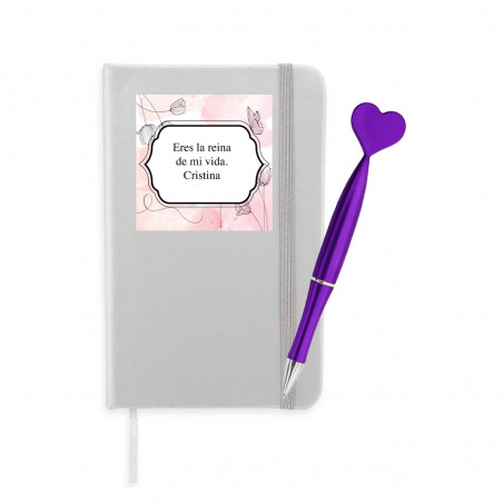 Bloc-notes argenté avec autocollant personnalisé et stylo coeur violet