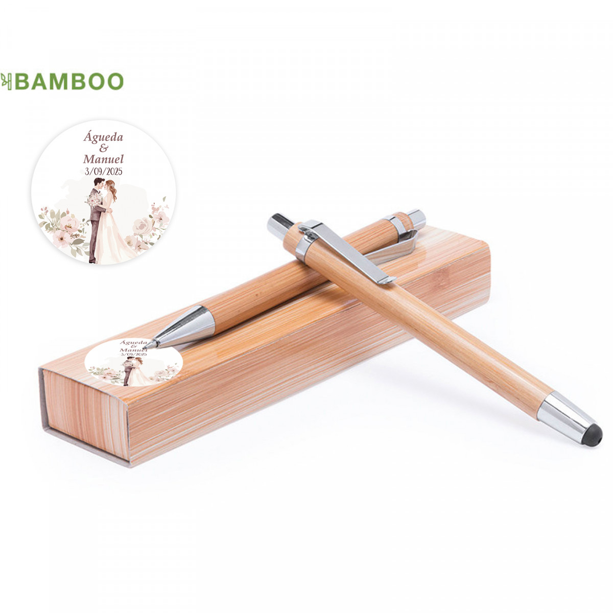 Stylo en bambou personnalisé et étui à crayons mécanique avec adhésif des mariés pour les détails du mariage